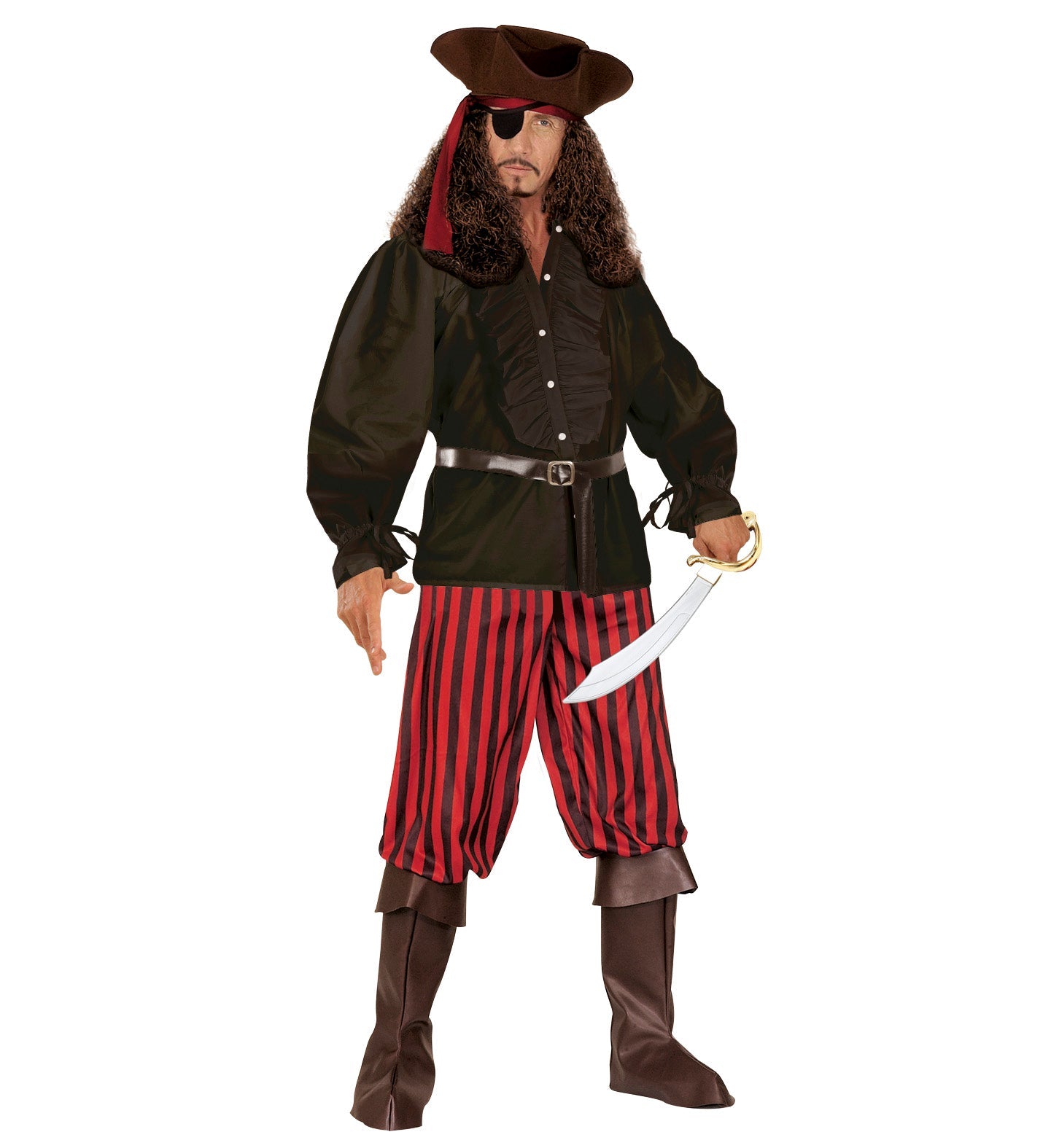 Black ruffled shirt with long sleeves, button front, and classic collar for men's medieval or Renaissance costumes.