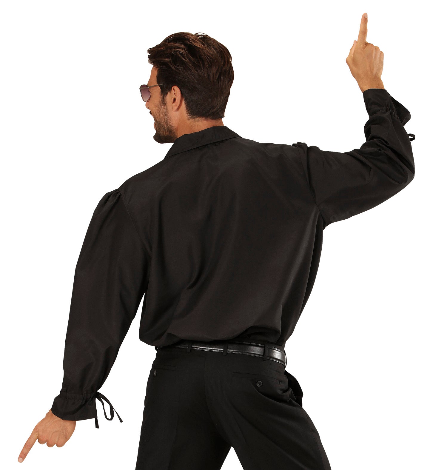 Rear view of man in black ruffled shirt, pointing with both hands raised.