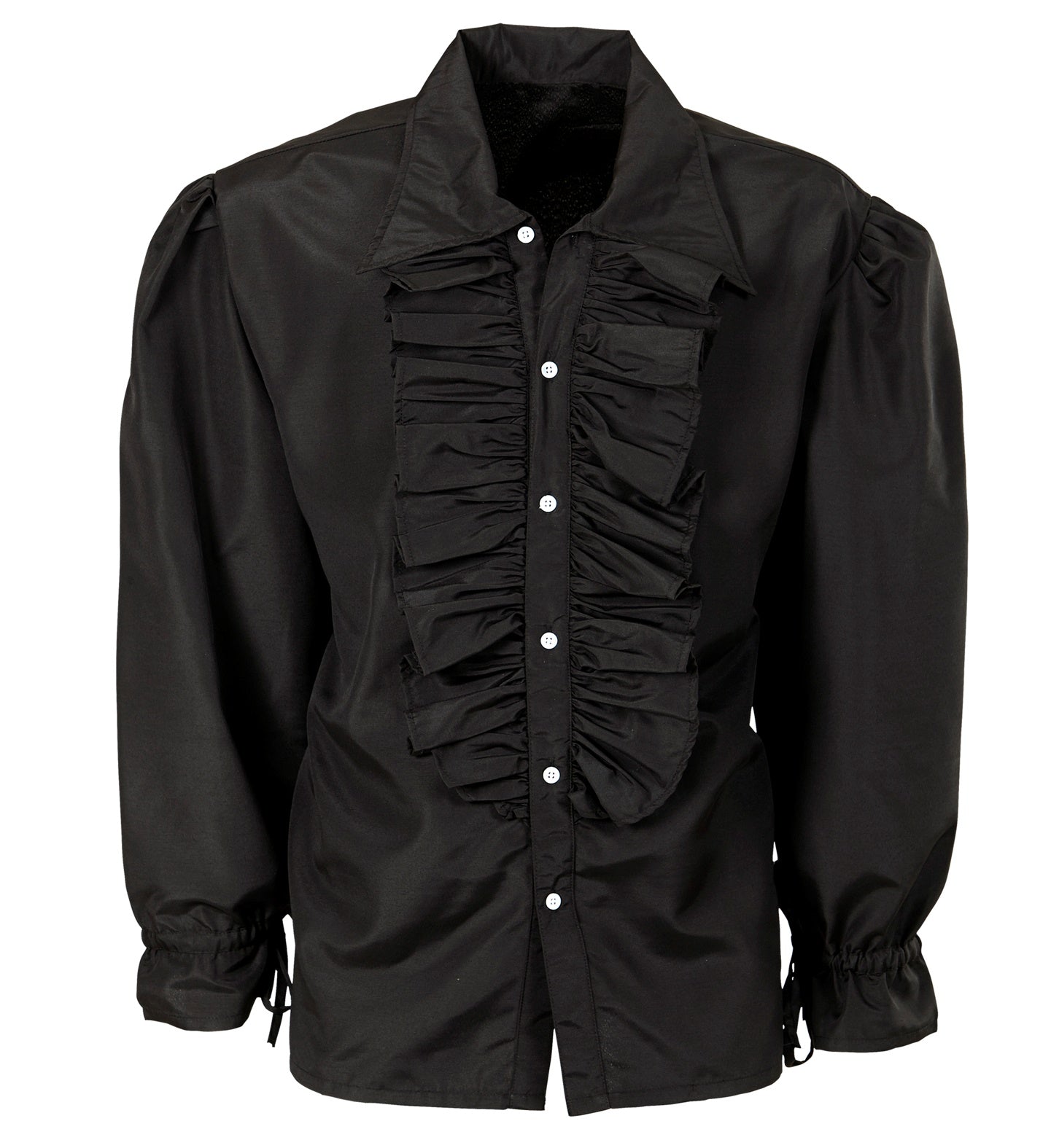 Black ruffled shirt with puffed sleeves and button front for men's medieval costume.