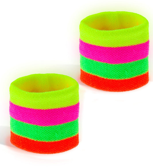 Pair of neon multicolor absorbent cotton blend wrist sweatbands in yellow, pink, green, and orange stripes.