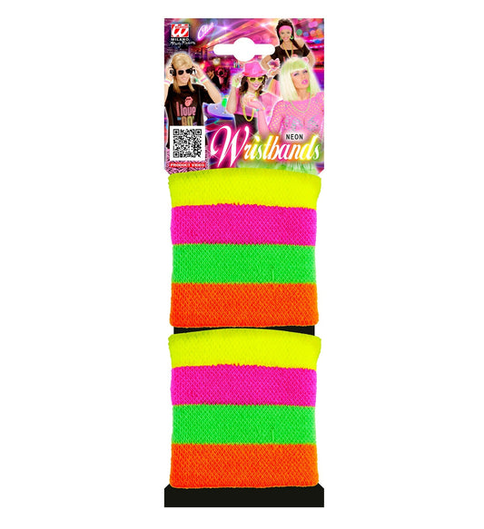 Neon multicolor sweatbands with pink, green, orange, and yellow stripes on a package.