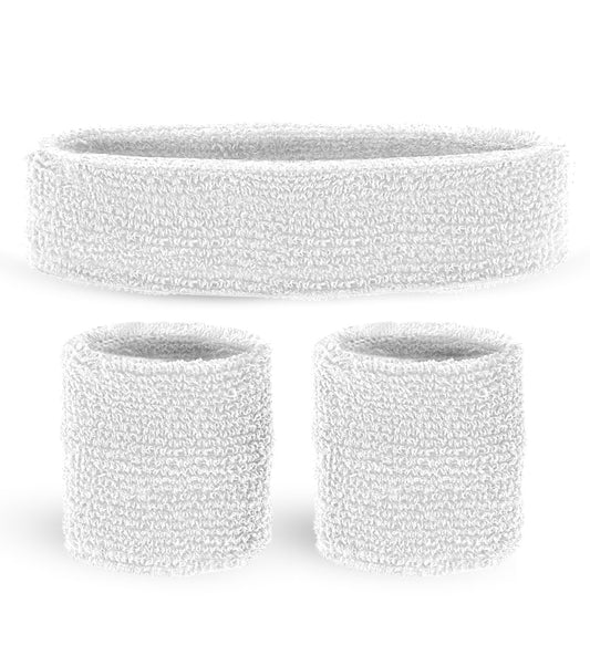 Weißes Stirnband und zwei Armbänder aus Baumwolle im Set.