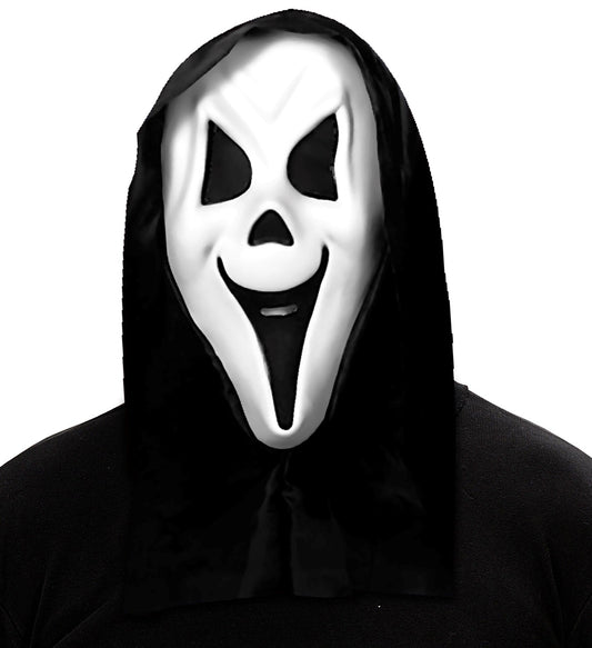 White Scream mask with black hood and hidden eyes for Halloween costume.