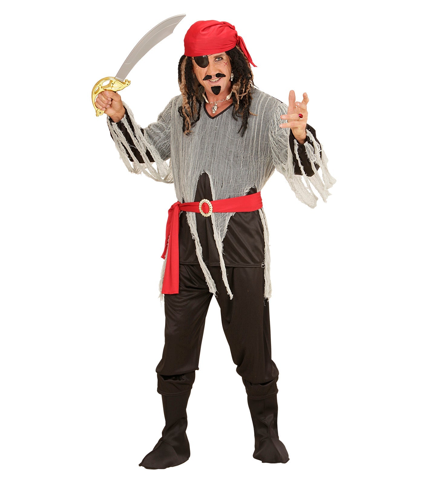 Piratenkostüm für Herren mit Hemd, Hose, Gürtel, Stiefelüberziehern und Bandana.