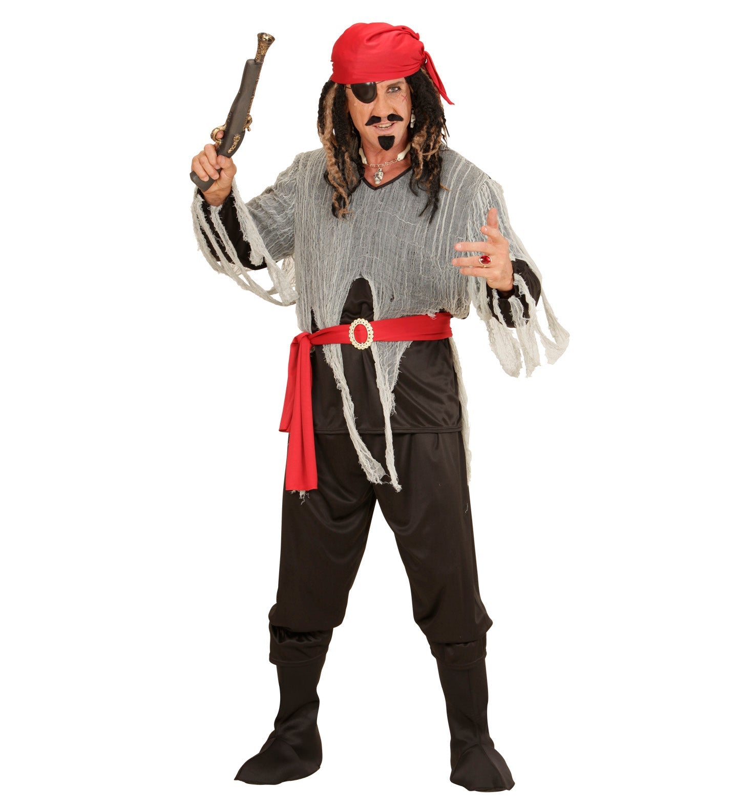 Piratenkostüm für Herren mit Hemd, Hose, Gürtel, Bandana und Stiefelüberzieher.