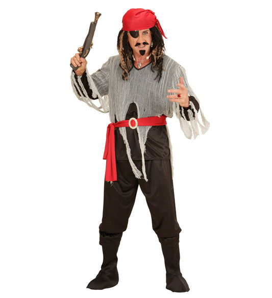 Piratenkostüm für Herren mit Hemd, Hose, Gürtel, Bandana und Stiefelüberzieher.