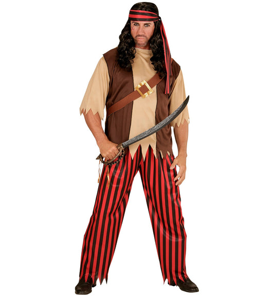 Herren Piratenkostüm mit Weste, Gürtel, gestreifter Hose und Kopftuch.