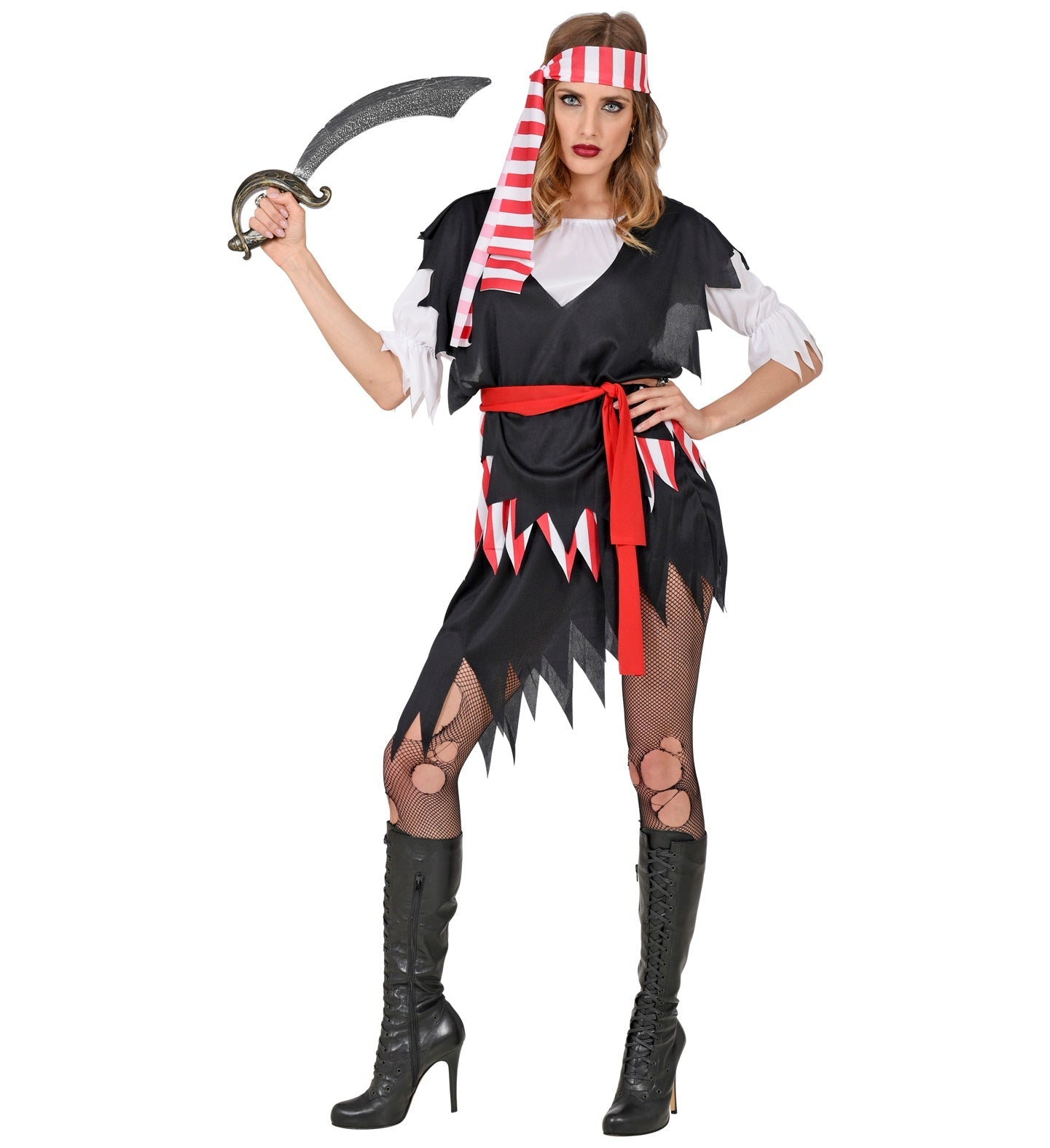 Frau in Widmann Seeräuberin Kostüm mit Piratenschwert, Kopftuch und Gürtel.
