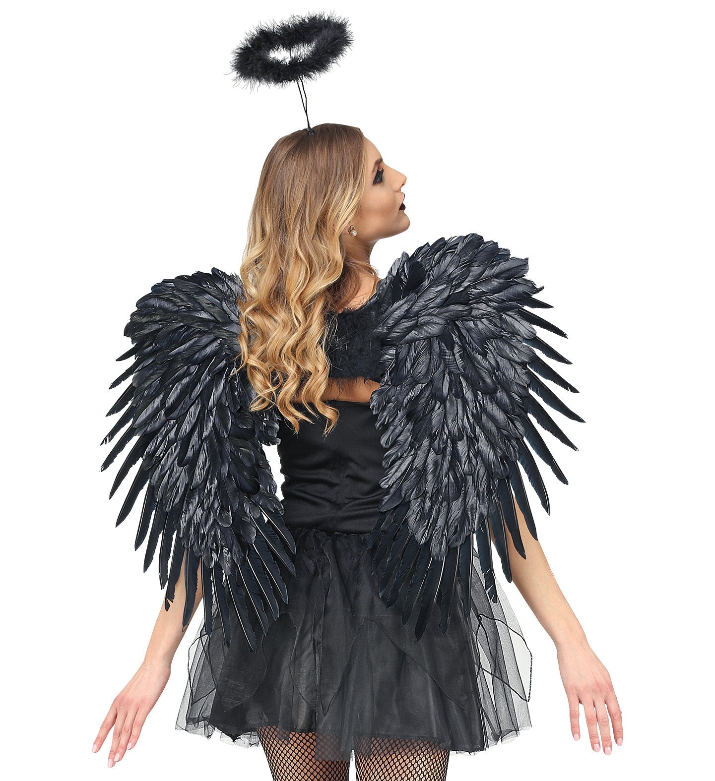 Schwarze, übergroße Federflügel 80x60 cm mit elastischen Schulterriemen als Kostümzubehör.