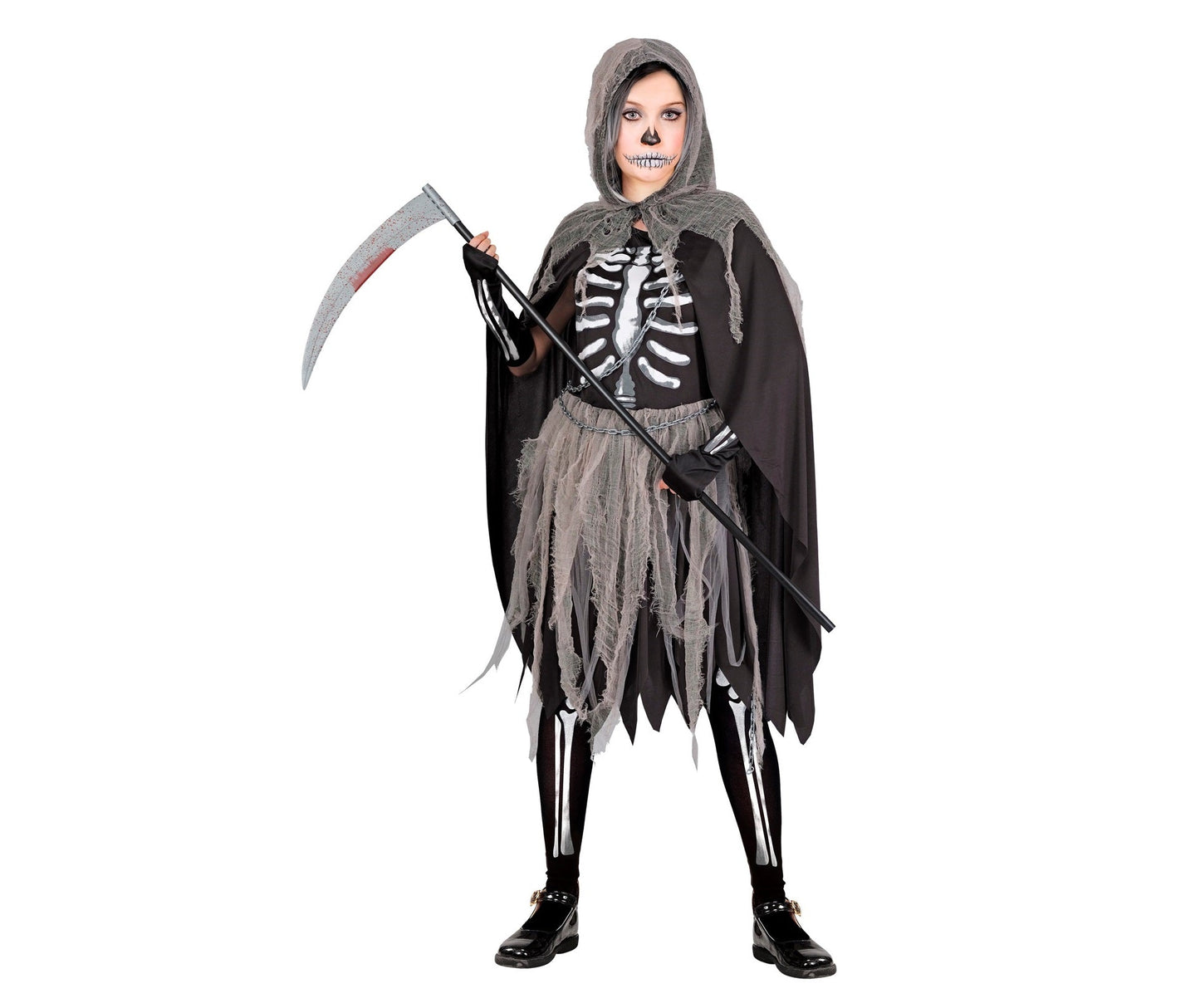 Mädchenkostüm mit schwarzem Skelettkleid, Strumpfhose und Umhang mit Kapuze