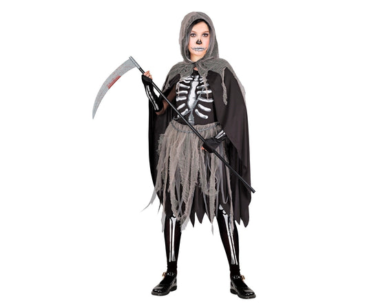 Mädchenkostüm mit schwarzem Skelettkleid, Strumpfhose und Umhang mit Kapuze