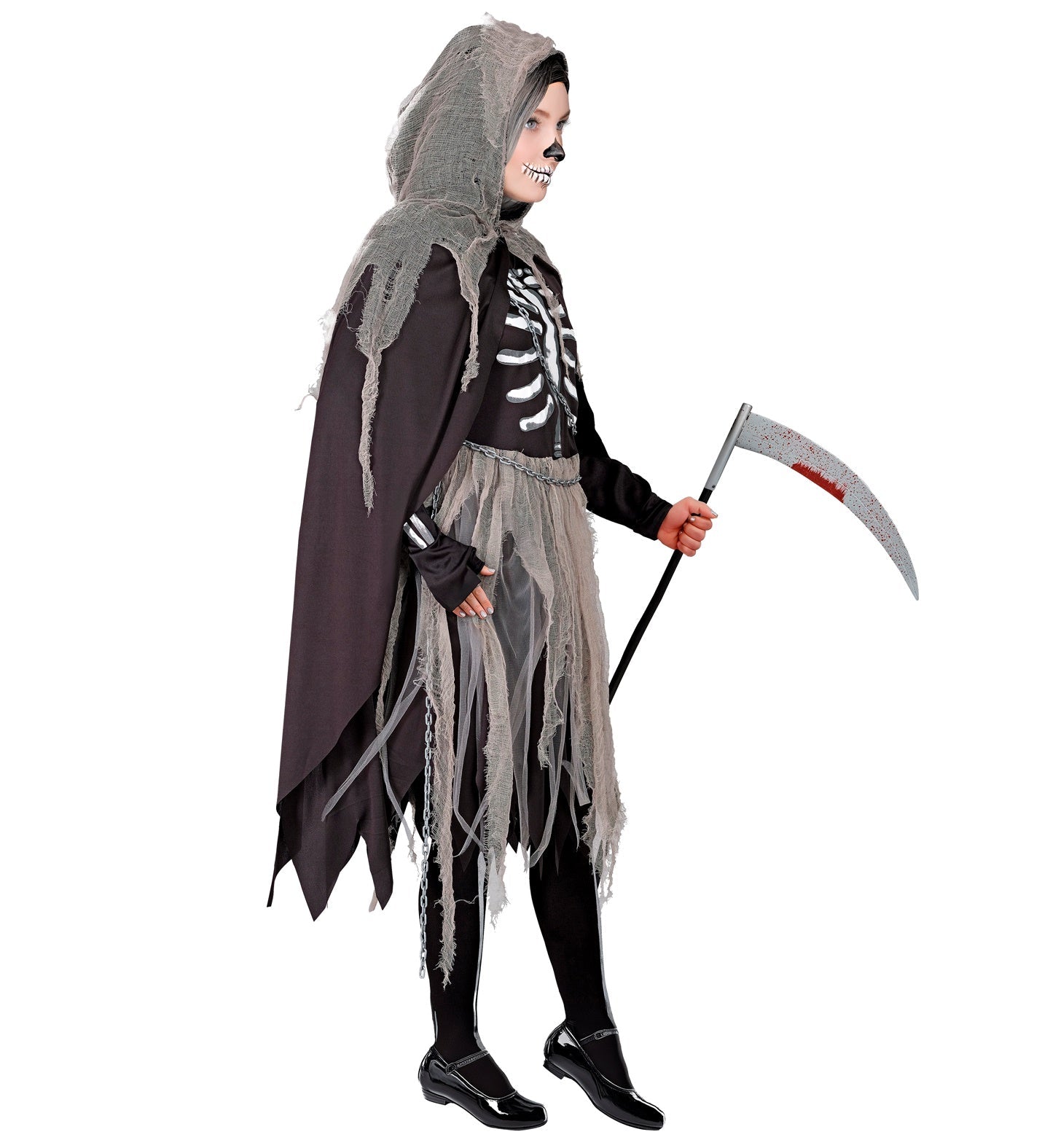 Schwarzes Skelettkleid mit Knochenmuster, Strumpfhose und Umhang für Mädchen.