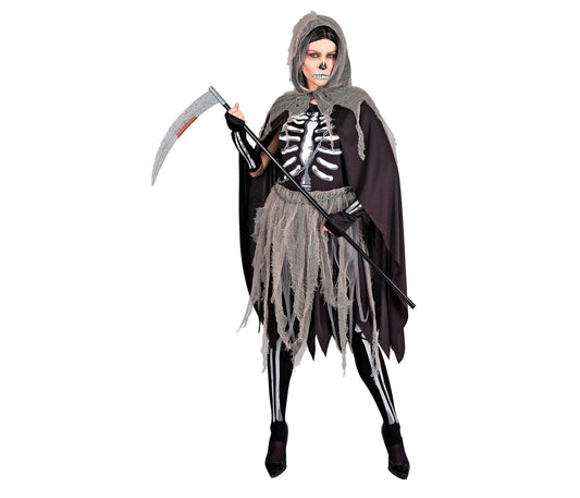 Schwarzes Minikleid mit Knochenmuster, passende Strumpfhosen und Handschuhe.