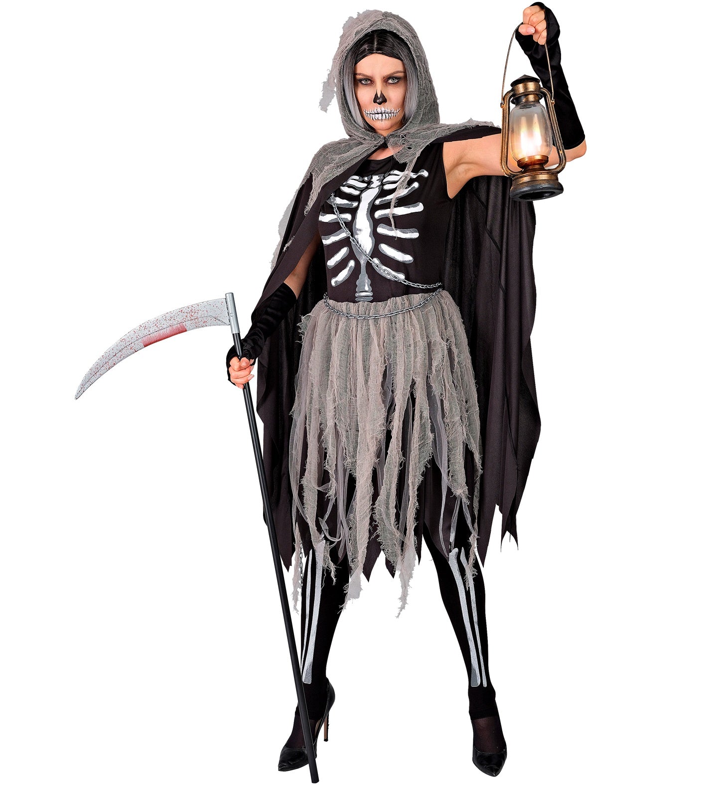 Schwarzes Mini-Kleid mit weißem Knochenmuster, dazu schwarze Strumpfhose und Handschuhe