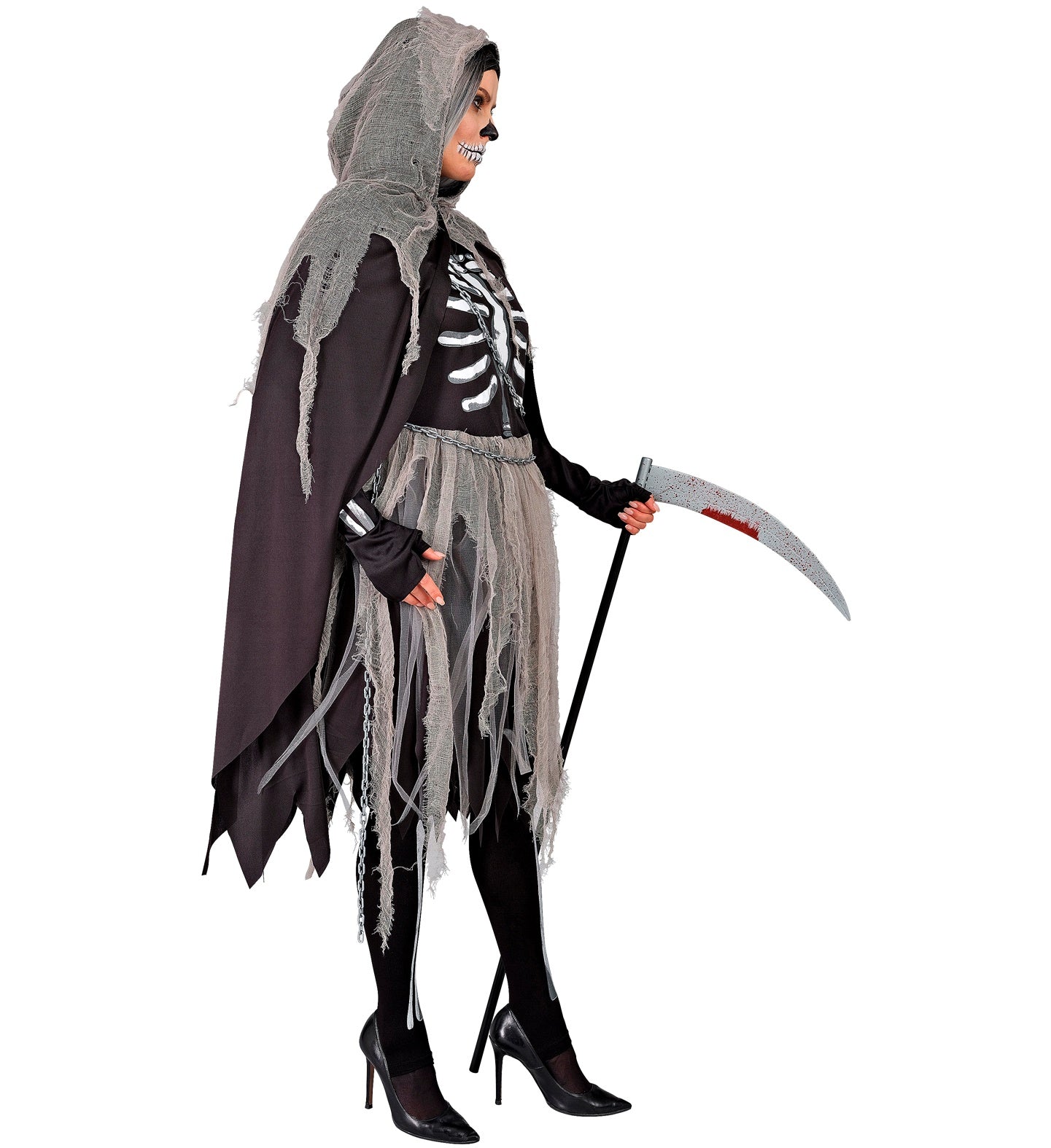 Schwarzes Mini-Kleid mit Knochenmuster, passende Strumpfhose und Handschuhe im Set.