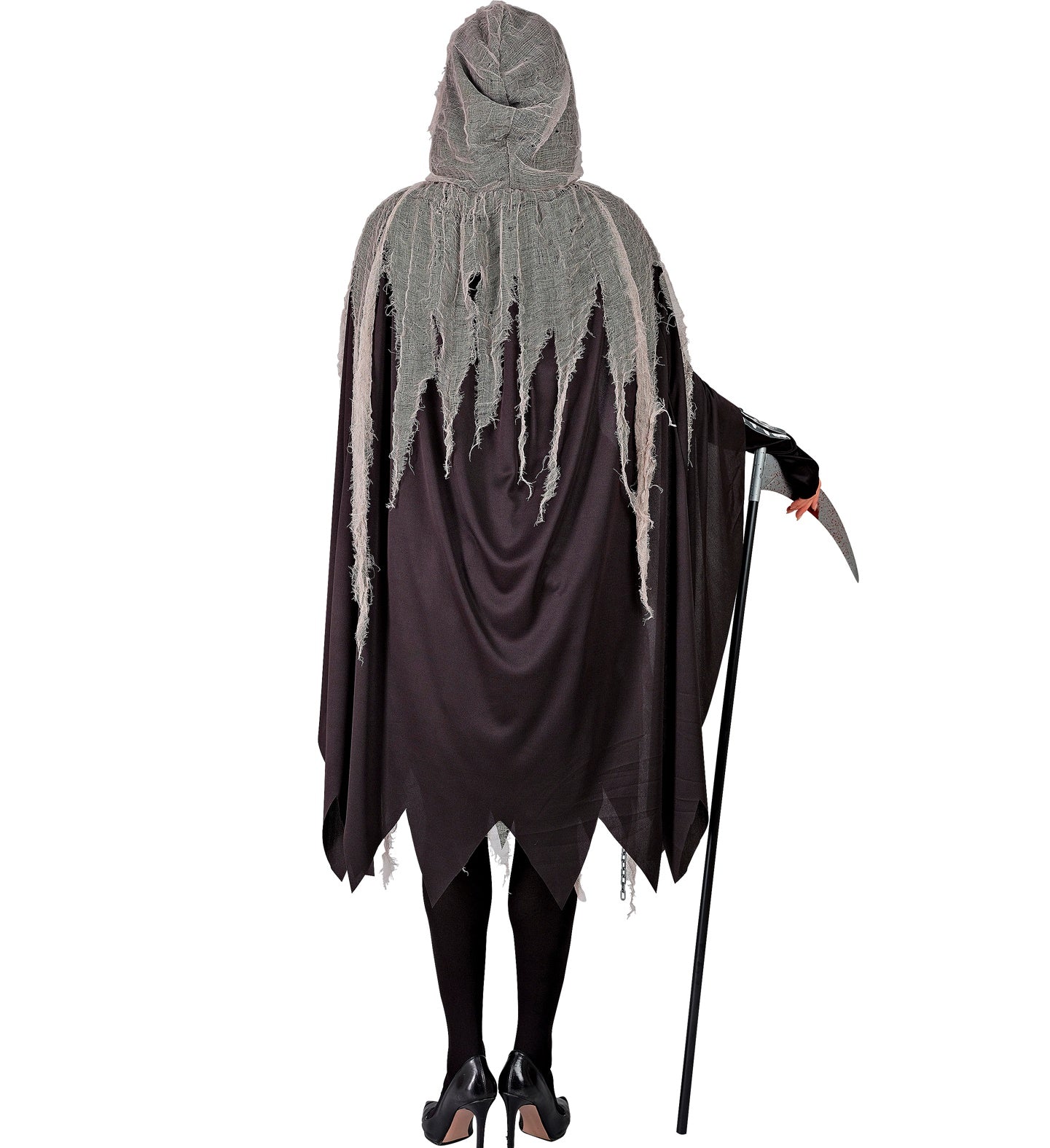 Schwarzes Mini-Kleid mit weißem Knochenmuster, schwarze Strumpfhose und Handschuhe