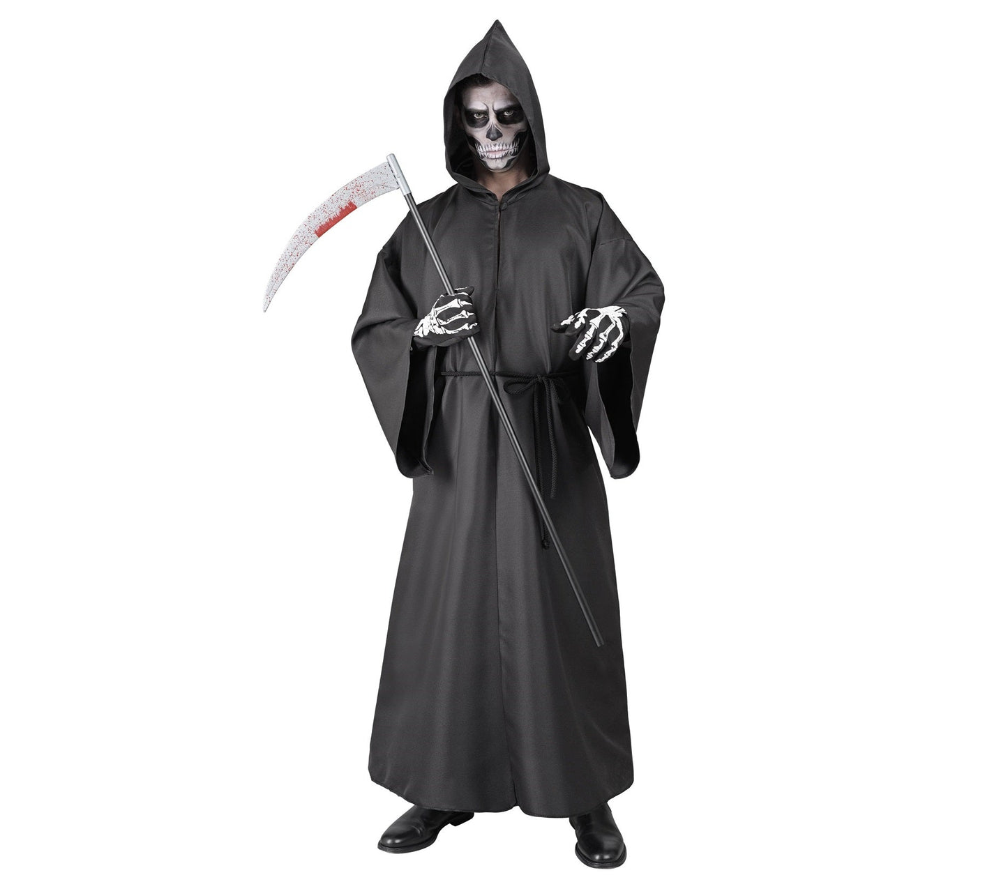 Schwarze Sensemann-Robe mit Kapuze und Gürtel aus Satin für Herren, Halloween-Kostüm.