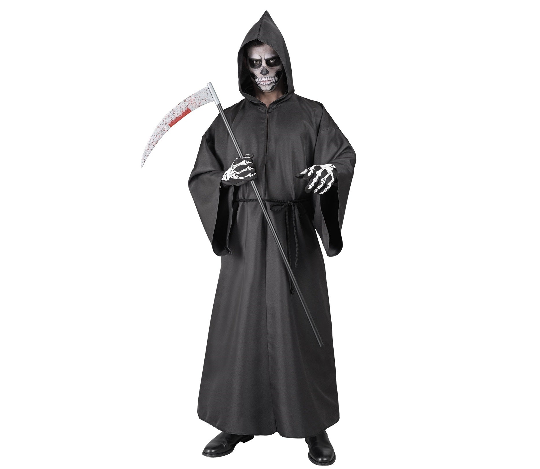 Schwarze Sensemann-Robe mit Kapuze und Gürtel aus Satin für Herren, Halloween-Kostüm.