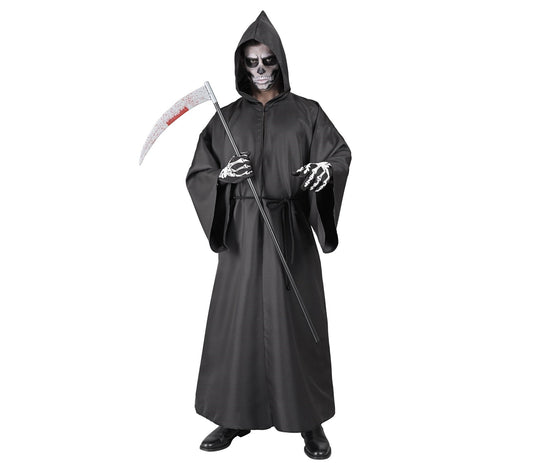 Schwarze Sensemann-Robe mit Kapuze und Gürtel aus Satin für Herren, Halloween-Kostüm.