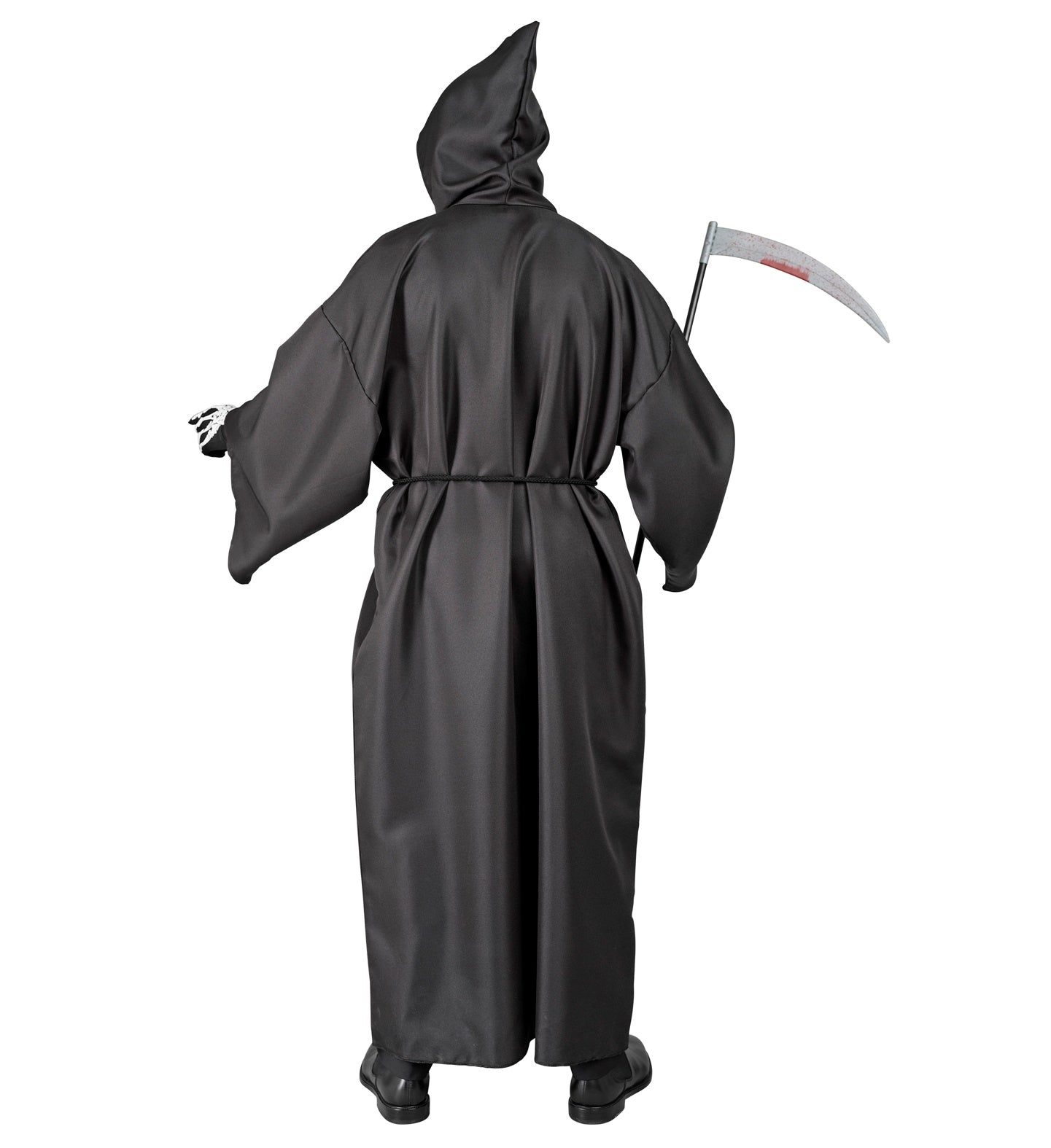 Schwarze Robe mit Kapuze und Gürtel für Herren, ideal für Halloween oder Mottopartys.