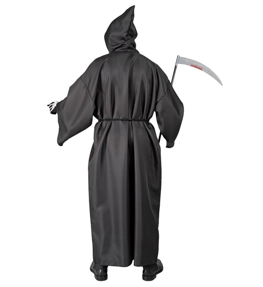 Schwarze Robe mit Kapuze und Gürtel für Herren, ideal für Halloween oder Mottopartys.