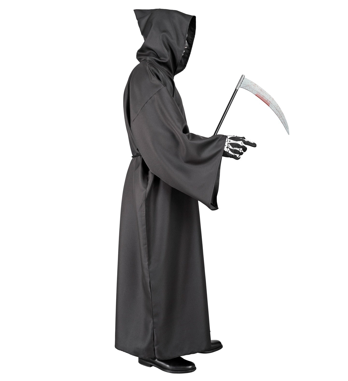 Schwarze Sensemann-Robe mit Kapuze und Gürtel aus Satin für Herren-Halloweenkostüm