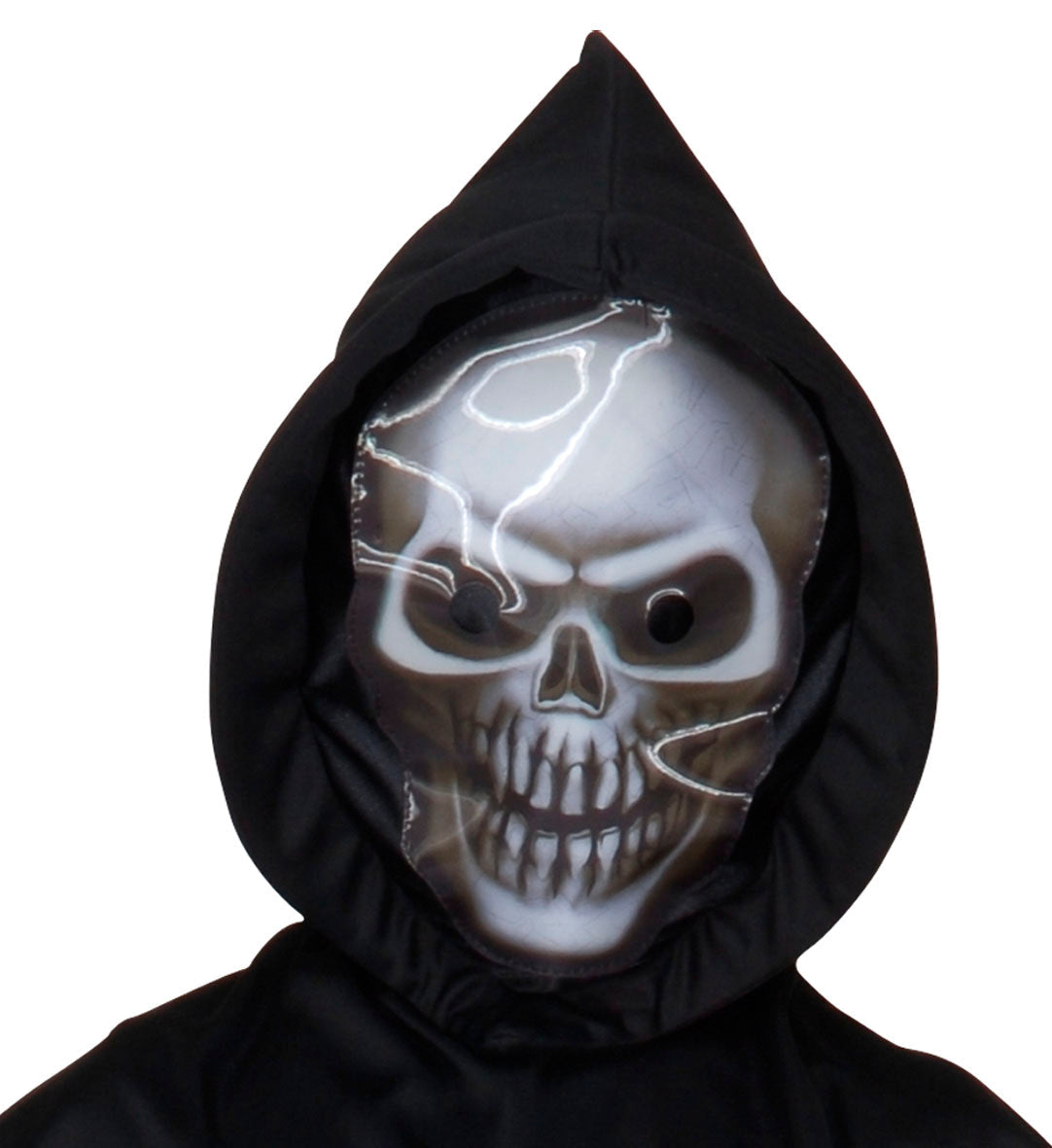 Schwarze Grim Reaper Robe mit Kapuze, holografische Totenkopfmaske und Knochenhandschuhe für Kinder
