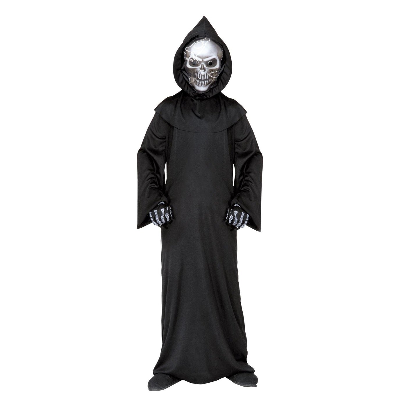 Schwarze Grim Reaper Robe mit Kapuze, Totenkopfmaske und Knochenhandschuhen für Kinder.