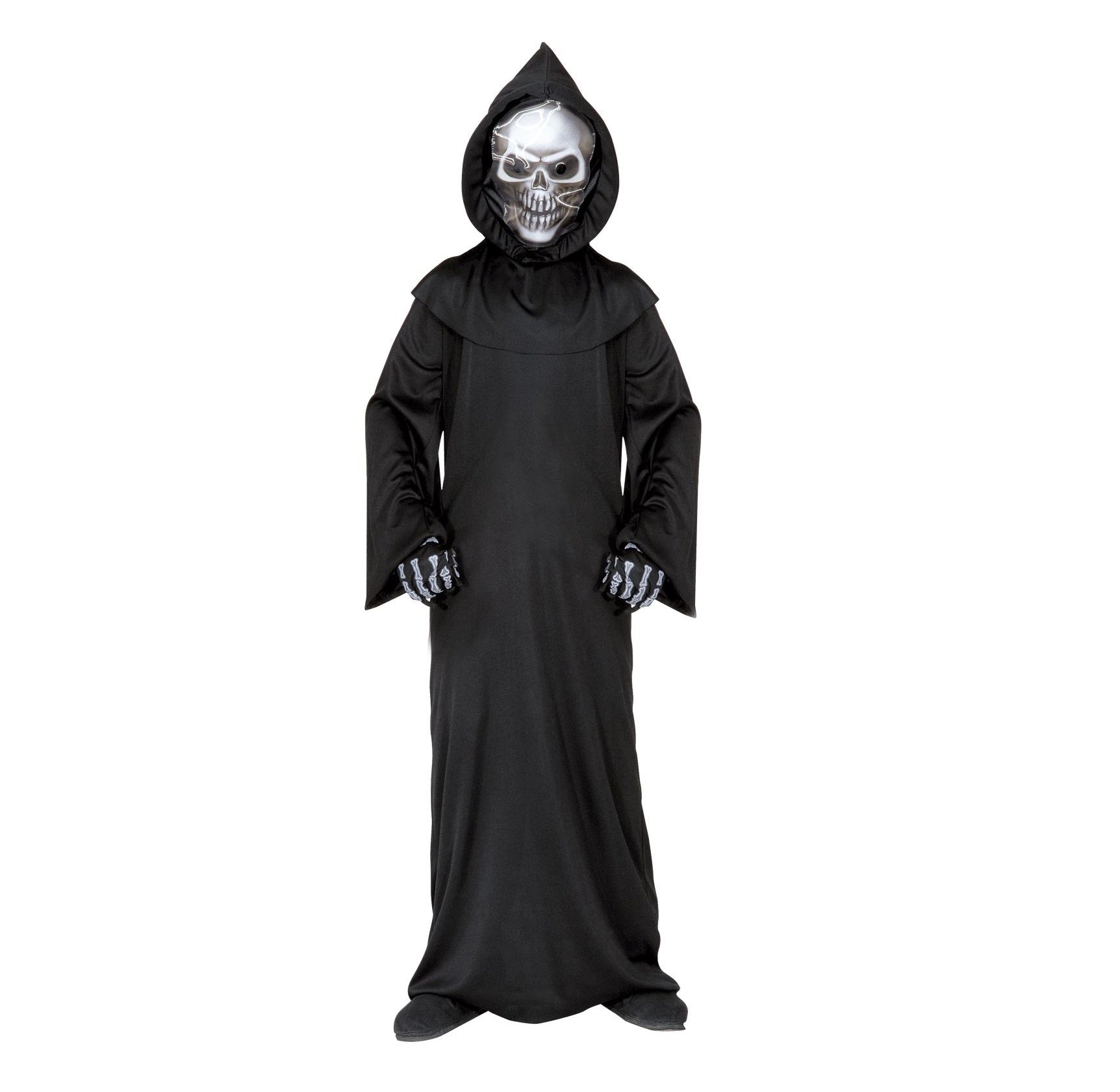 Schwarze Grim Reaper Robe mit Kapuze, Totenkopfmaske und Knochenhandschuhen für Kinder.