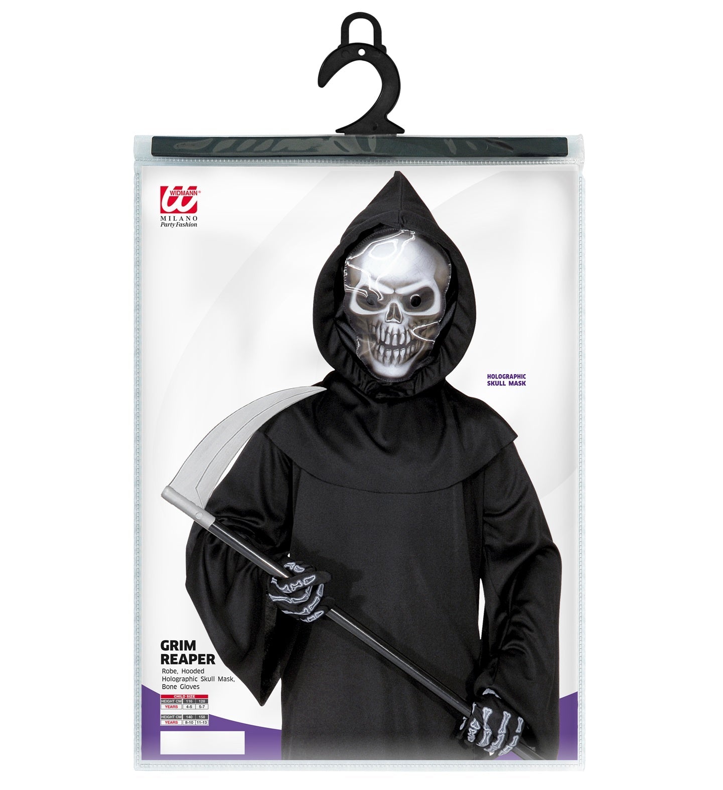 Schwarze Grim Reaper Robe mit Kapuze, Totenkopfmaske und Knochenhandschuhen für Kinder.