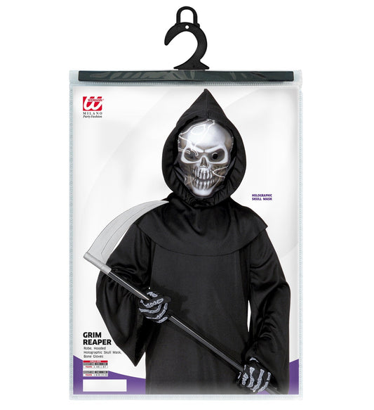Schwarze Grim Reaper Robe mit Kapuze, Totenkopfmaske und Knochenhandschuhen für Kinder.