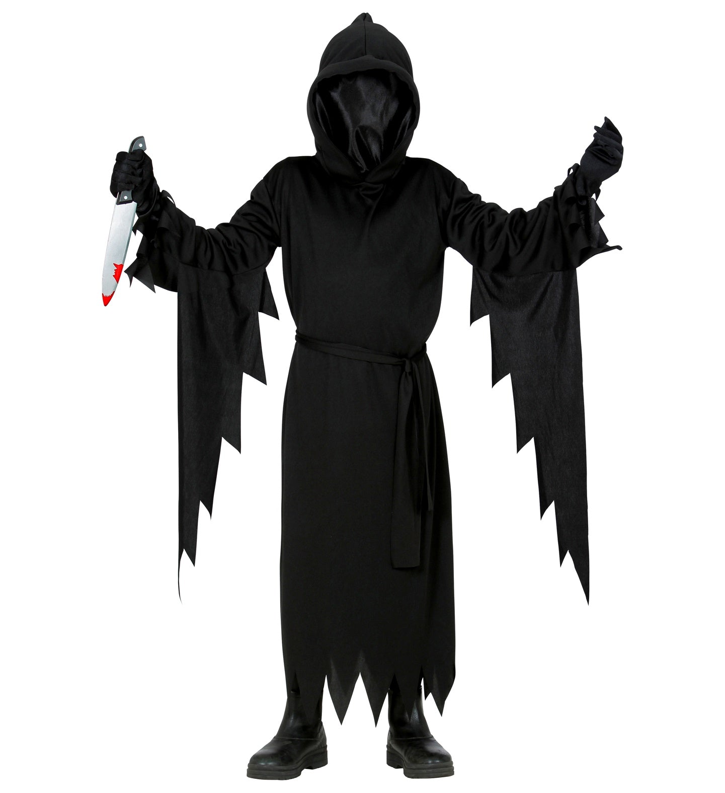 Schwarze Robe mit Kapuze und Maske für Kinder, ideal für Halloween oder Karneval.