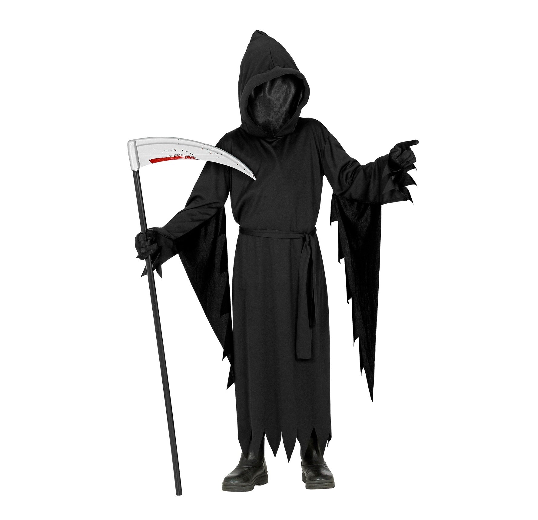 Schwarze Robe mit Kapuze und Maske für Kinder im Grim Reaper-Stil.