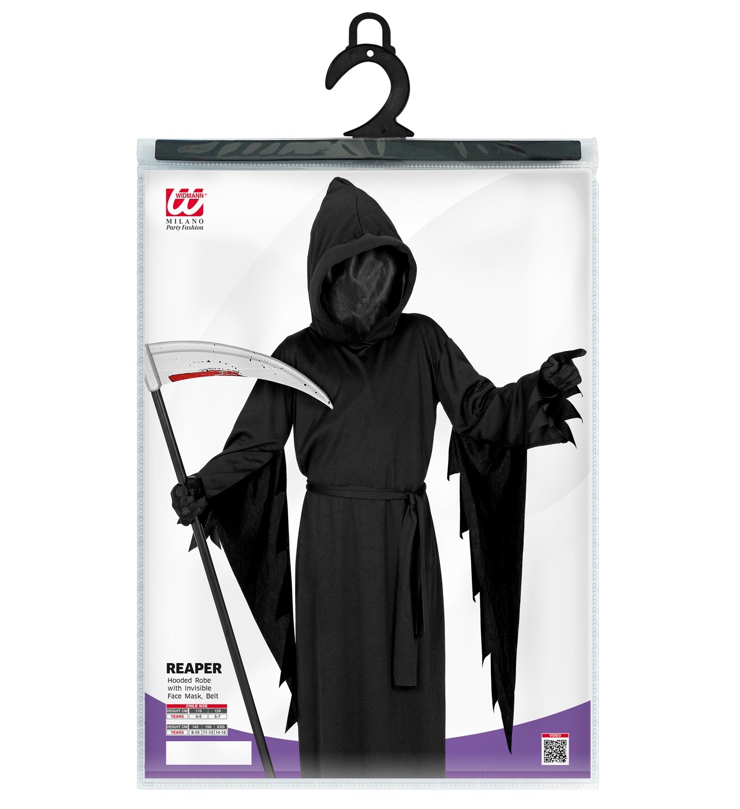 Kindersensemannkostüm mit schwarzer Kapuzenrobe und passender Maske für Halloween.