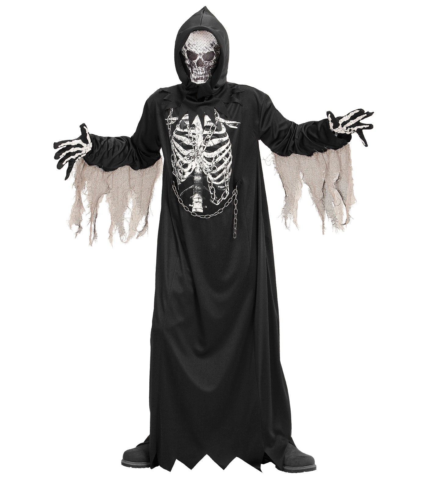 Schwarze Robe mit Kapuze und silberner Kette für Kinder als Sensemann Kostüm.