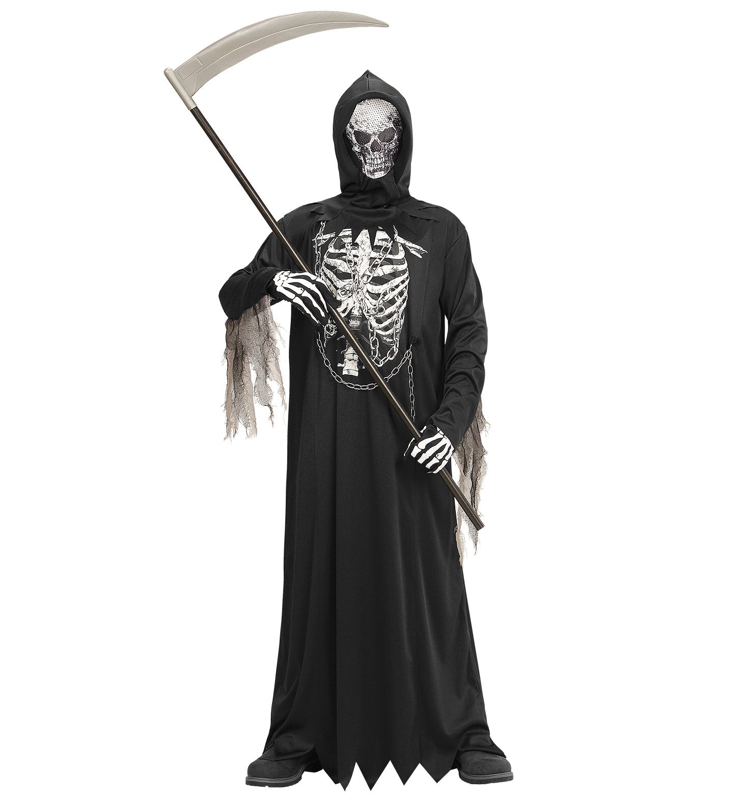 Schwarze Sensemann-Kinderrobe mit silberner Kette und Kapuzenmaske für Jungen