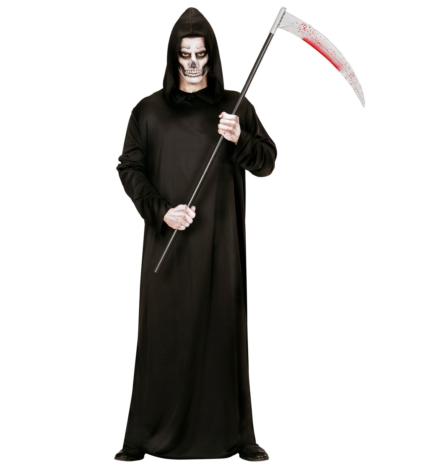 Schwarze, fließende Robe mit Kapuze für Herren, ideal für Halloween und Motto-Partys.