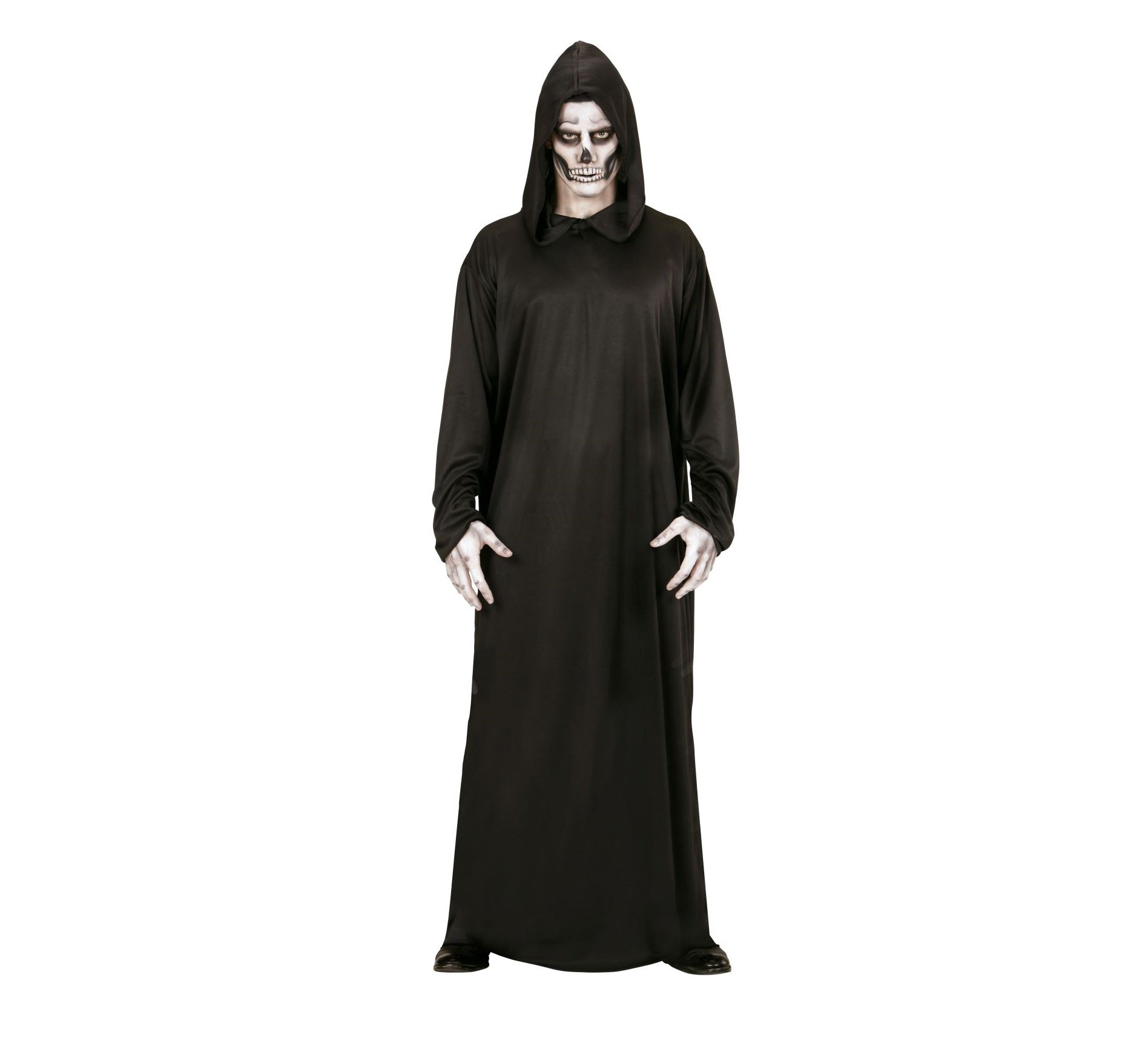 Schwarze Sensemann-Robe mit Kapuze für Herren, fließender Stoff, Halloween-Kostüm
