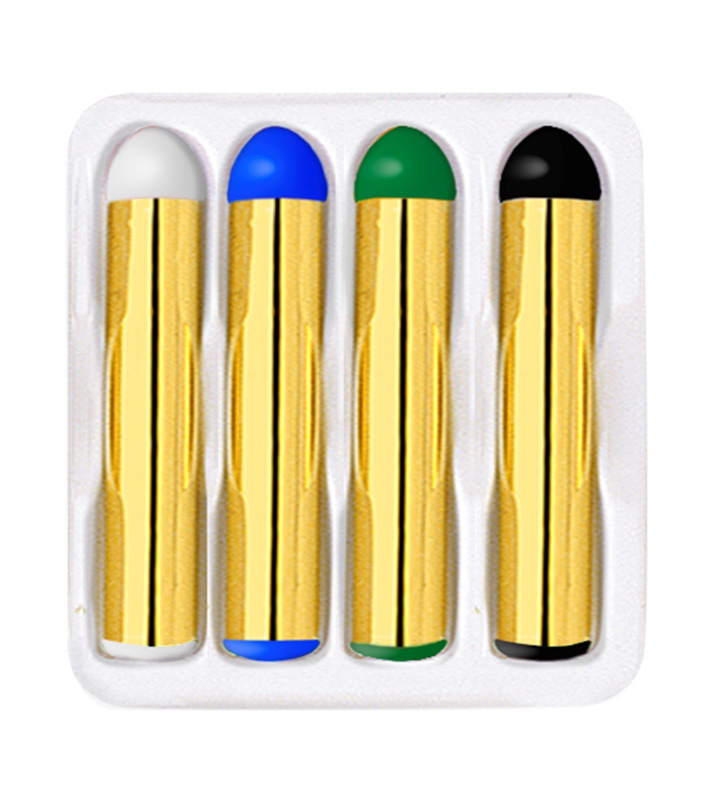 Set aus vier großen Schminkstiften in Weiß, Blau, Grün und Schwarz für Kinder.