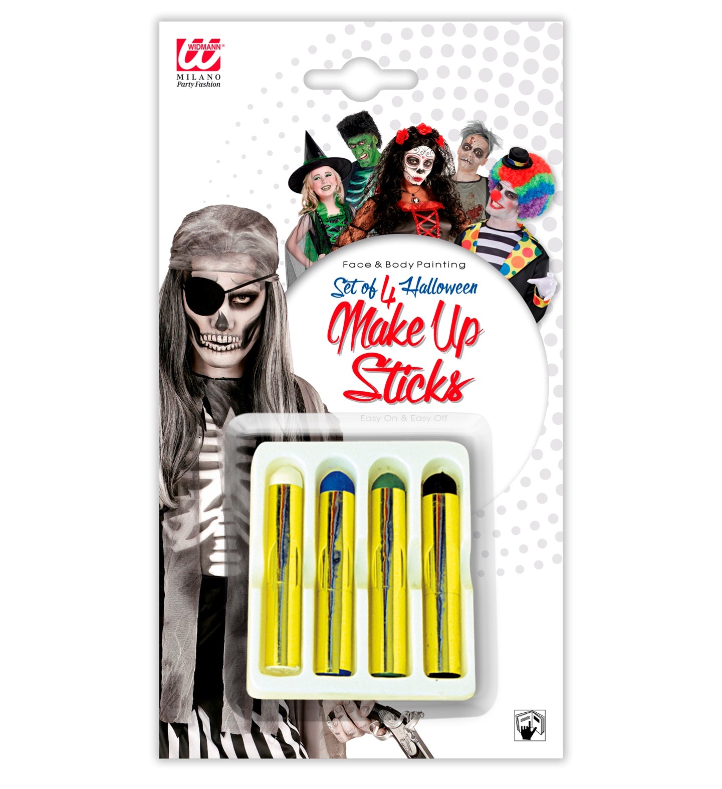 Set mit vier großen Schminkstiften in Weiß, Blau, Grün und Schwarz für Kinder.