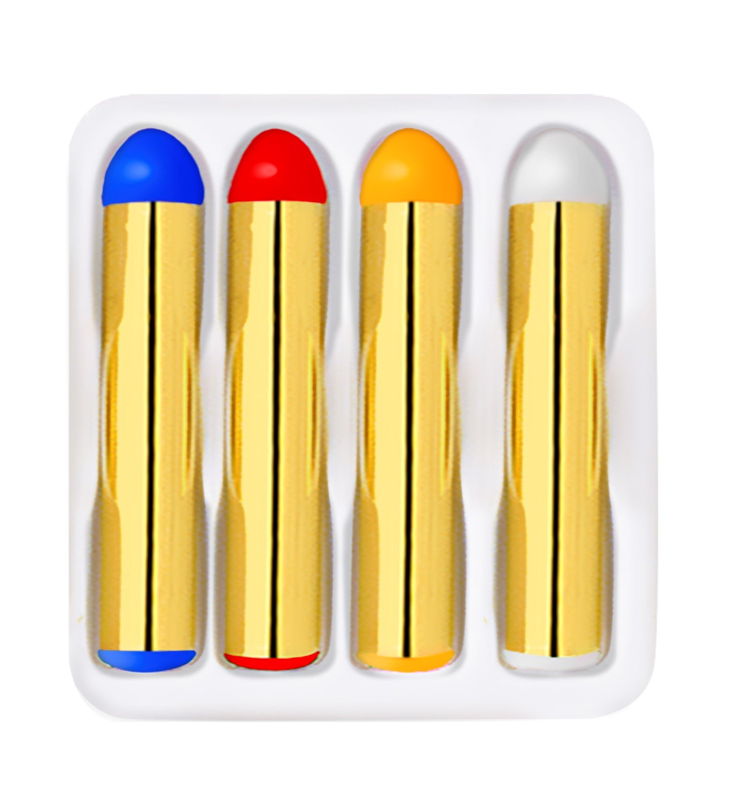 Vier cremige Schminkstifte in Rot, Blau, Gelb und Weiß für Party- und Halloween-Make-up.
