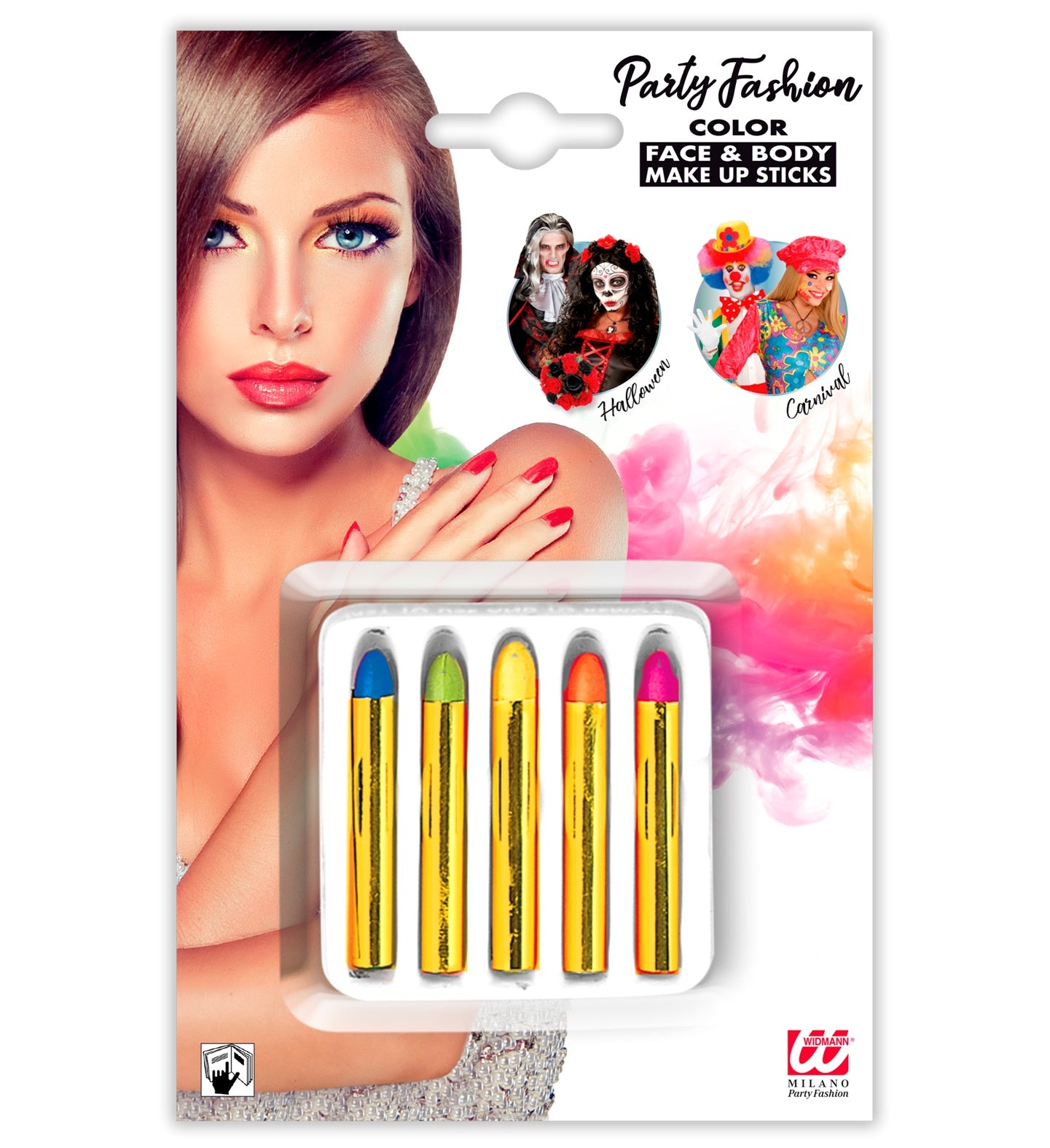 Set aus 5 bunten Schminkstiften in Blau, Grün, Gelb, Orange und Pink für Festivals und Karneval.