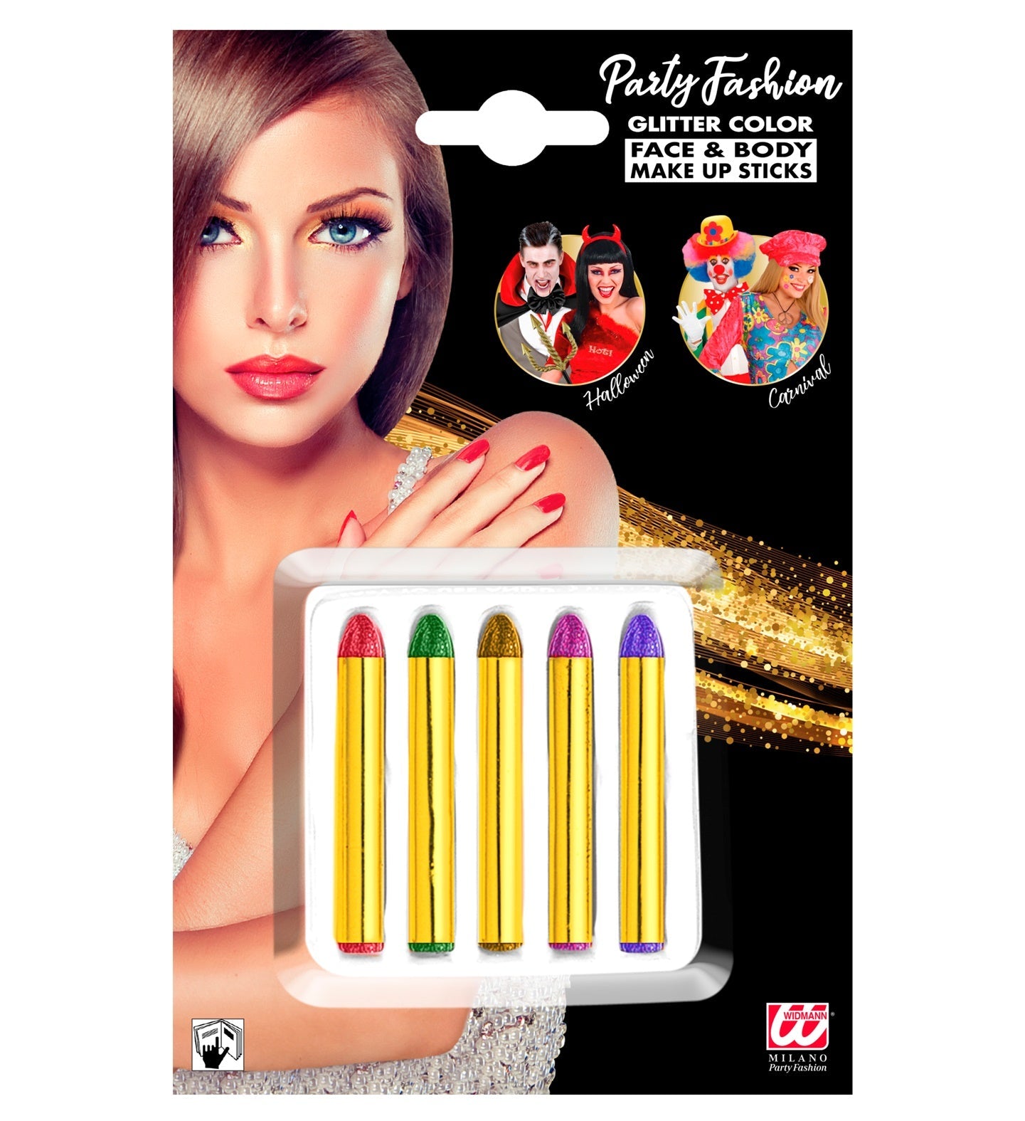 Widmann 5er Set Schminkstifte in Grün, Gold, Pink, Rot und Lila für Karneval und Halloween.