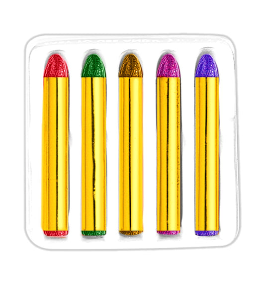 Set mit fünf Schminkstiften in Rot, Grün, Braun, Pink und Violett für kreative Make-up-Ideen.