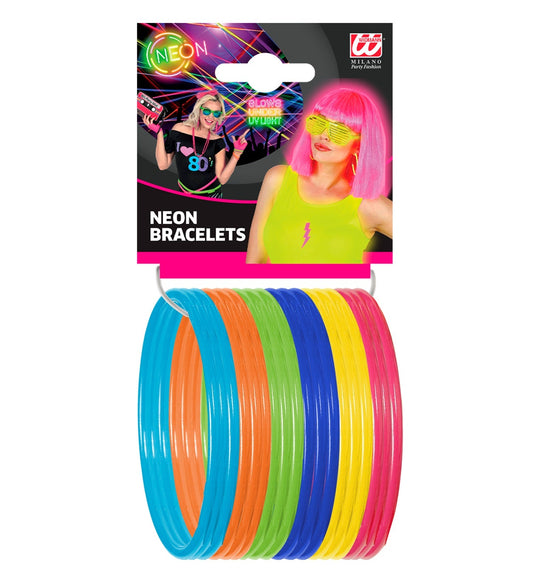 Set of 18 multicolor neon bangles in 80s style, featuring yellow, green, orange, and pink.