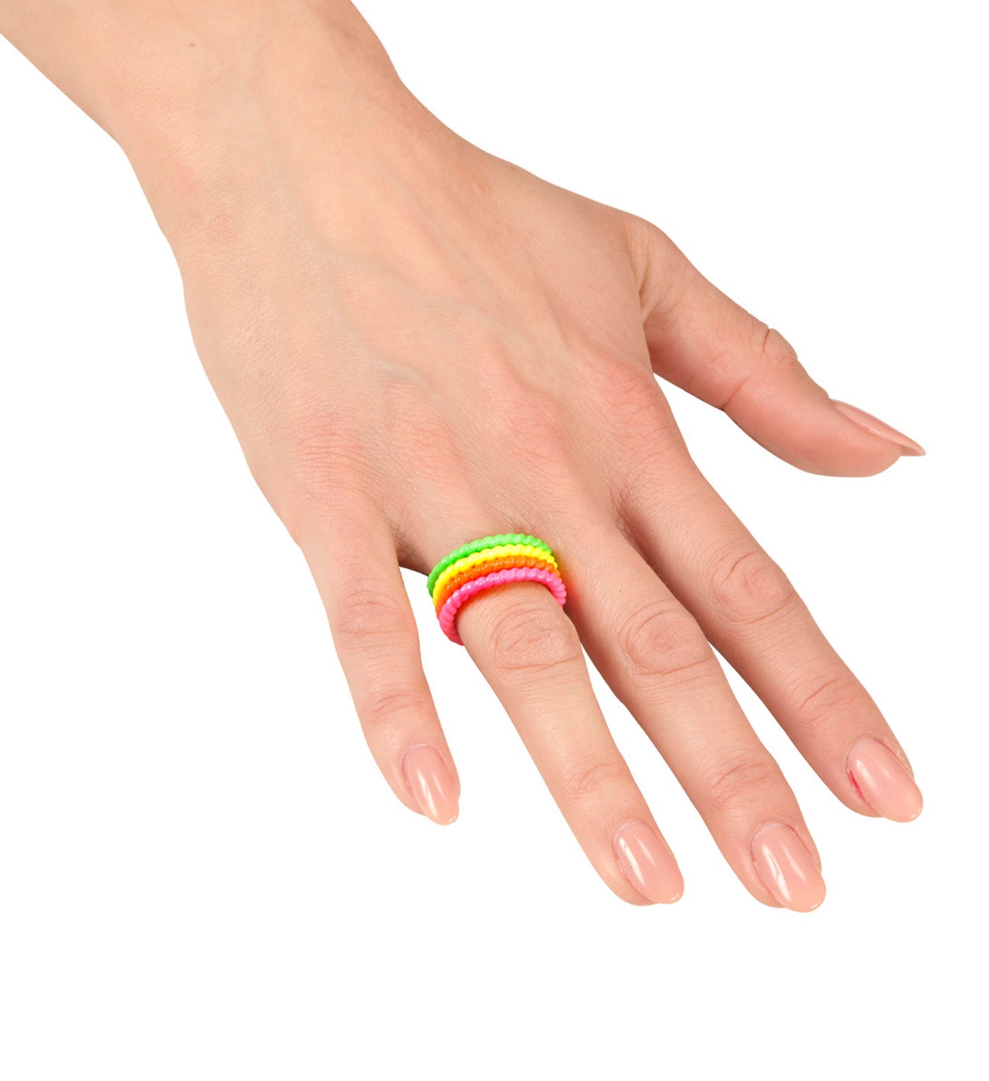 A woman's hand wearing a neon ring with yellow, green, orange, and pink stripes.