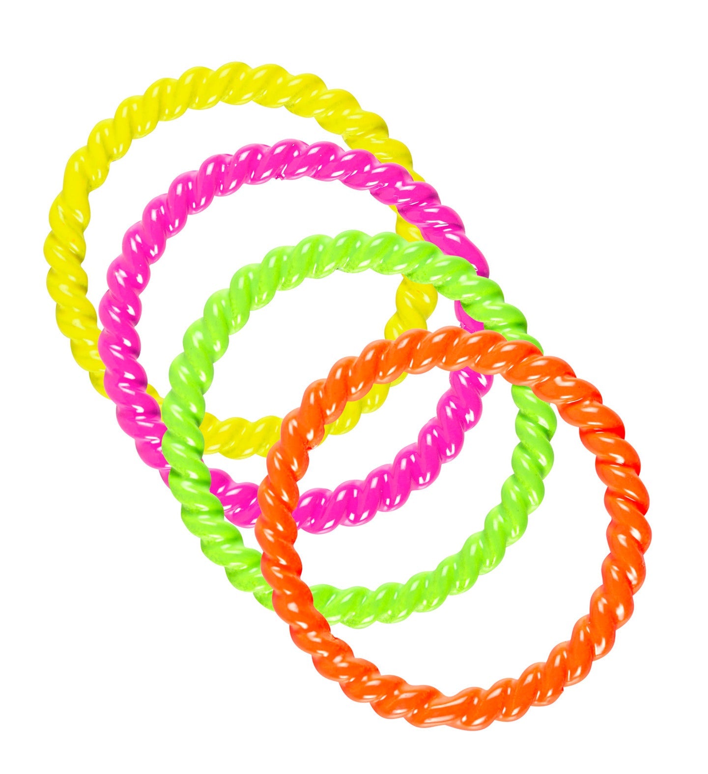 Set of four neon rings in yellow, pink, green, and orange for women.