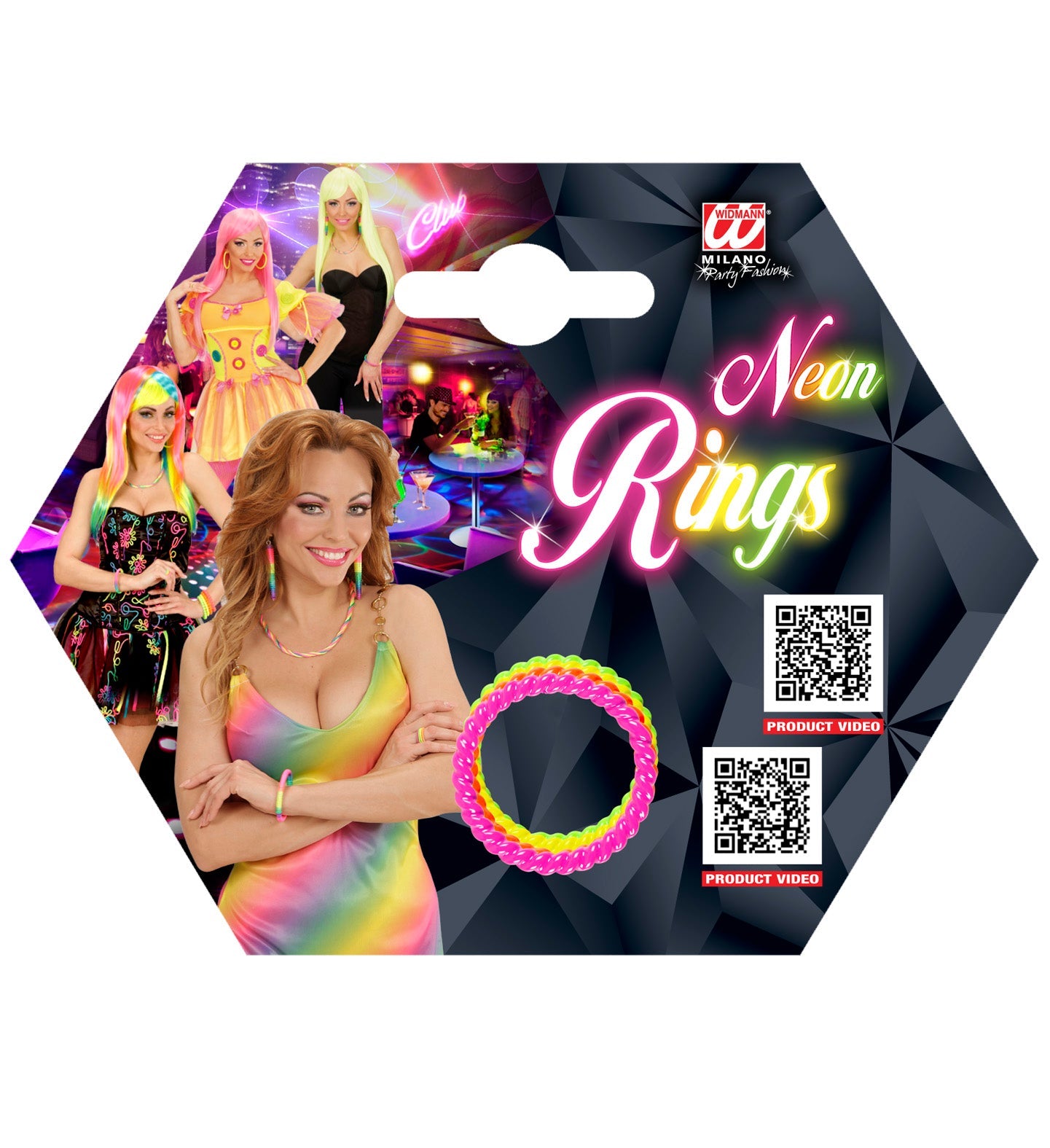 Set of four neon rings in vibrant colors for women on black packaging.