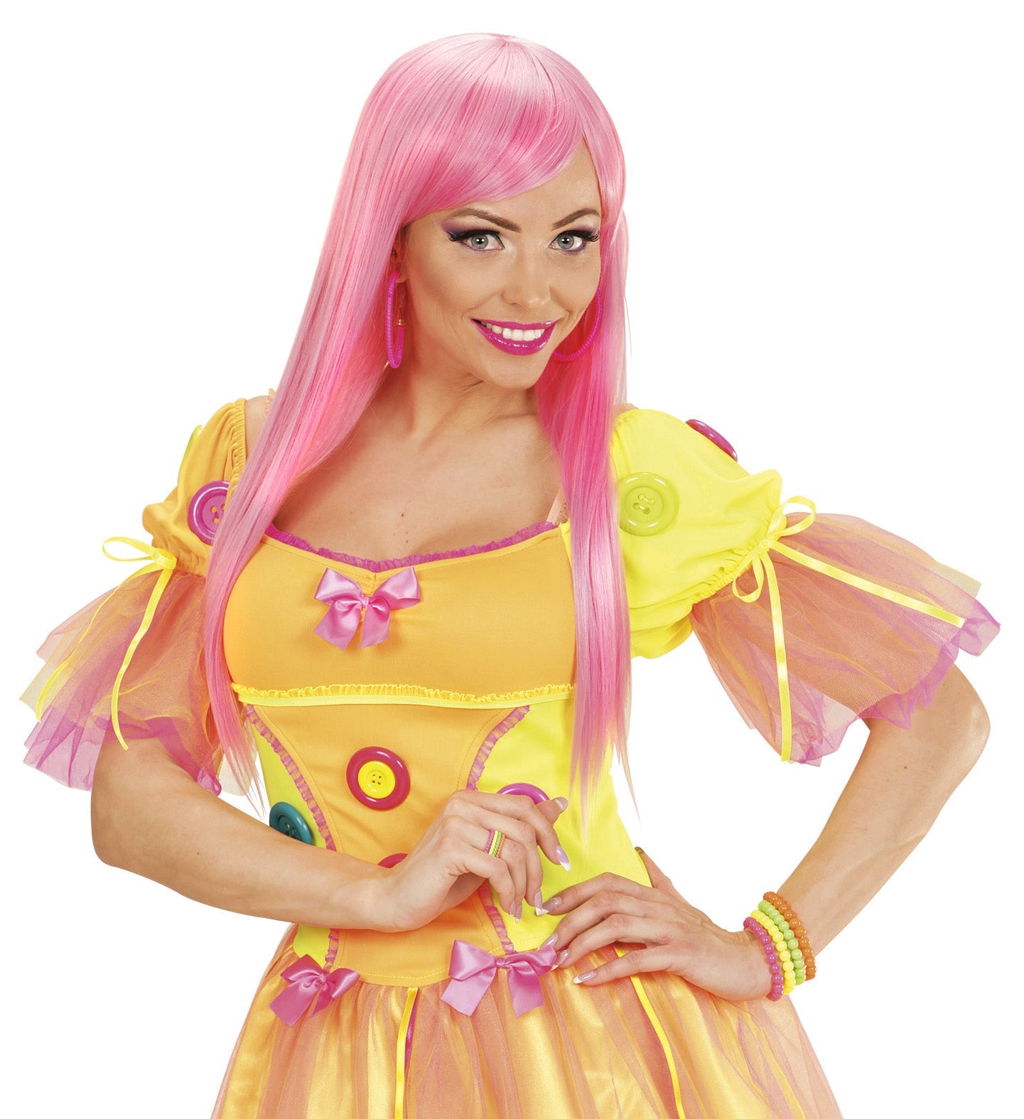 Woman modeling a vibrant pink and yellow dress with neon accents.