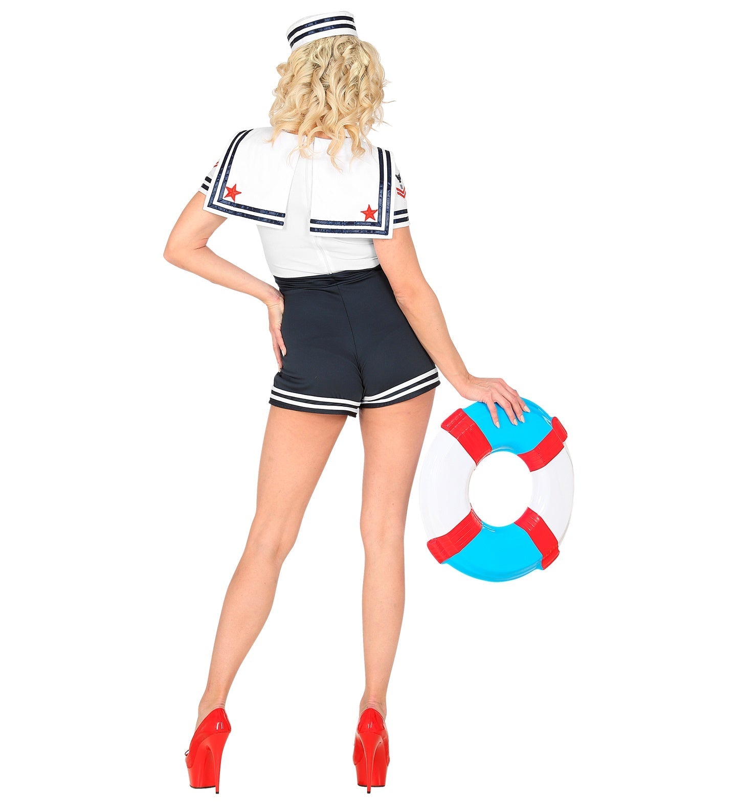 Woman in back view wearing sexy navy and white sailor costume with hat and holding life preserver.